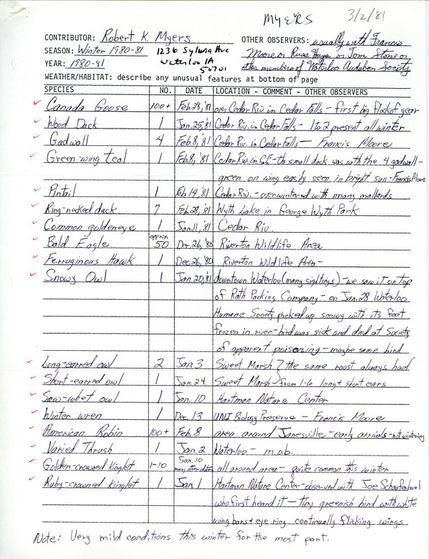 An annotated list of birds sighted by Robert K. Myers and other members of the Waterloo Audubon Society. This item was used as supporting documentation for the Iowa Ornithologists Union Quarterly field report of winter 1980-1981.