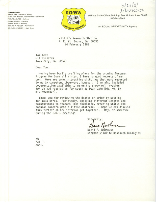 The letter notes that David Newhouse has been too busy to make any sightings of his own but he is passing on the sightings that have been reported to him. Included with this letter is an annotated list of birds sighted, copies of letters received by David Newhouse, and a map of Snowy Owl sightings. This item was used as supporting documentation for the Iowa Ornithologists Union Quarterly field report of winter 1980-1981.