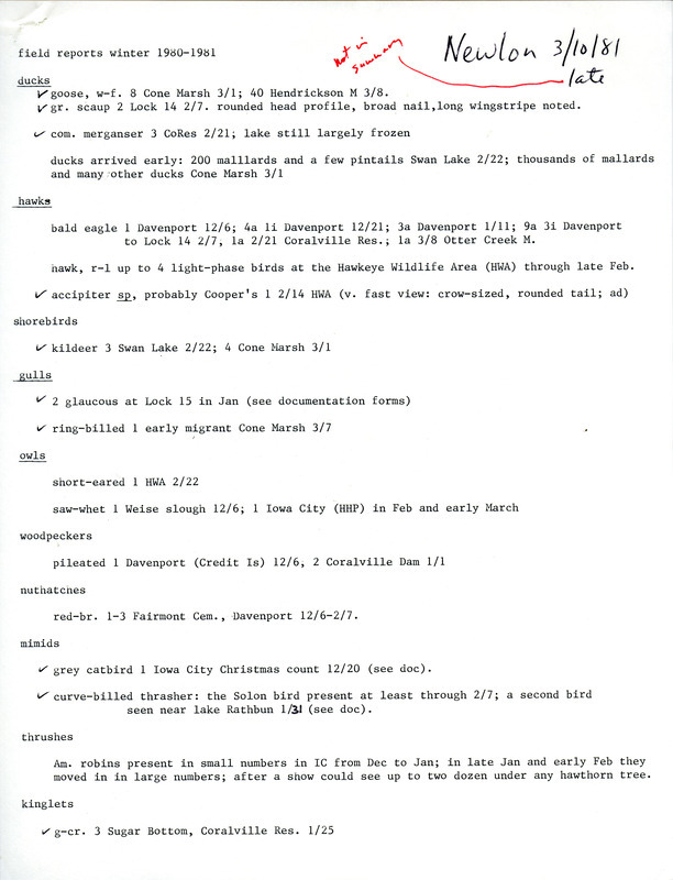 An annotated list of birds sighted by Michael Newlon. This item was used as supporting documentation for the Iowa Ornithologists Union Quarterly field report of winter 1980-1981.