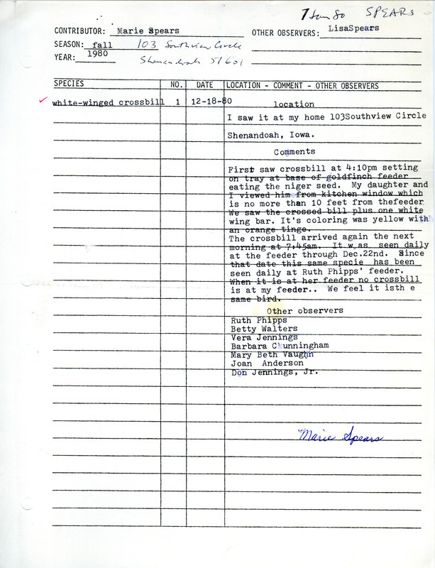 Marie Spears provides an account of sighting a White-winged Crossbill eating niger seed from her bird feeder in Shenandoah. She believes this bird was later seen at Ruth Phipps' bird feeder. This item was used as supporting documentation for the Iowa Ornithologists Union Quarterly field report of Winter 1980-1981.