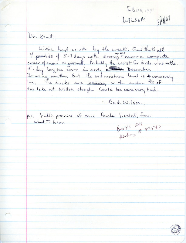 The letter discusses the winter weather and the effect it's had on the ducks at Willow Slough. Included with the letter is an annotated list of birds sighted. This item was used as supporting documentation for the Iowa Ornithologists Union Quarterly field report of winter 1980-1981.