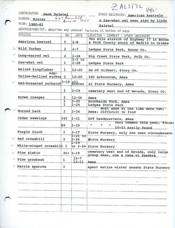 A list of birds sighted by Hank Zaletel in places around Story, Boone and Polk Counties. This item was used as supporting documentation for the Iowa Ornithologists Union Quarterly field report of winter 1980-1981.