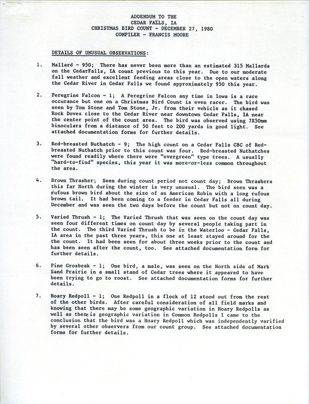 Details of unusual observations compiled by Francis Moore. This item was used as supporting documentation for the Iowa Ornithologists Union Quarterly field report of winter 1980-1981.