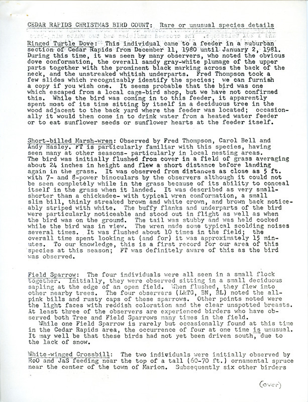 Rare or unusual species details from the Cedar Rapids Christmas bird County. This item was used as supporting documentation for the Iowa Ornithologists Union Quarterly field report of winter 1980-1981.