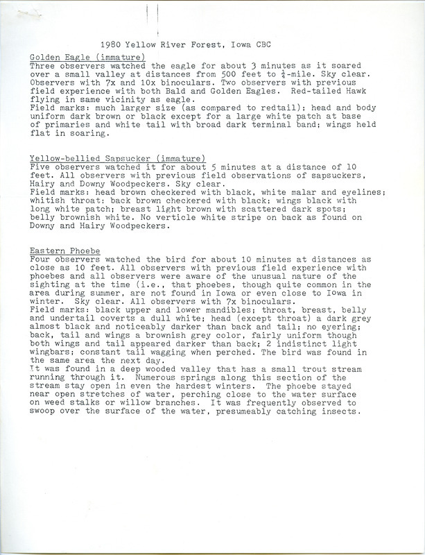 Results of the Yellow River Forest Christmas bird County. This item was used as supporting documentation for the Iowa Ornithologists Union Quarterly field report of winter 1980-1981.