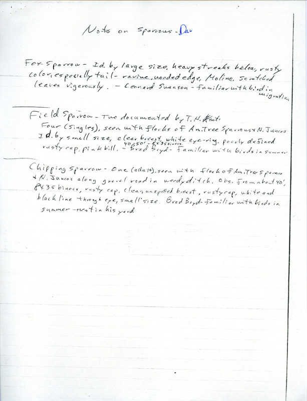 A list of Sparrows sighted annotated with who sighted the bird and how the bird was identified. This item was used as supporting documentation for the Iowa Ornithologists Union Quarterly field report of winter 1980-1981.