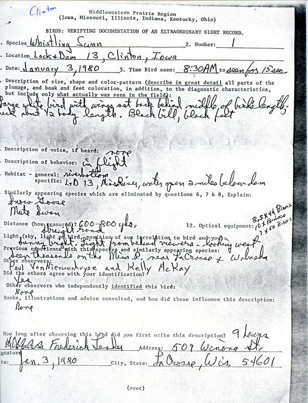 A form submitted by Frederick Lesher documenting the sighting of a Whistling Swan, dated January 3, 1980 [1981?]. This item was used as supporting documentation for the Iowa Ornithologists Union Quarterly field report of winter 1980-1981.