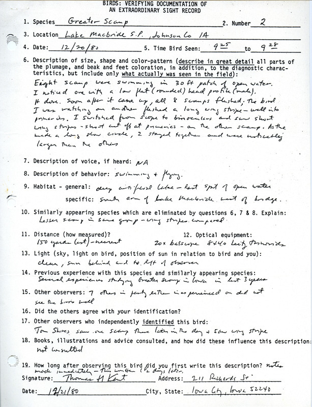 A form submitted by Thomas Kent documenting the sighting of a Greater Scaup on December 20, 1980. This item was used as supporting documentation for the Iowa Ornithologists Union Quarterly field report of winter 1980-1981.