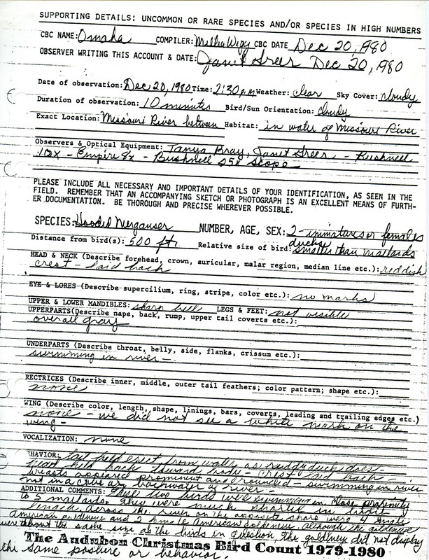 A form submitted by Janet Greer documenting the sighting of a Hooded Merganser in the Missouri River on December 20, 1980 during the Christmas bird County. This item was used as supporting documentation for the Iowa Ornithologists Union Quarterly field report of winter 1980-1981.