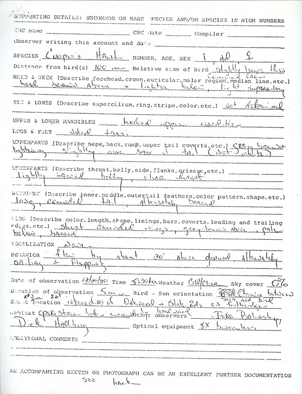 A form submitted by Dick Hallberg documenting the sighting of a Cooper's Hawk on December 20, 1980. This item was used as supporting documentation for the Iowa Ornithologists Union Quarterly field report of winter 1980-1981.