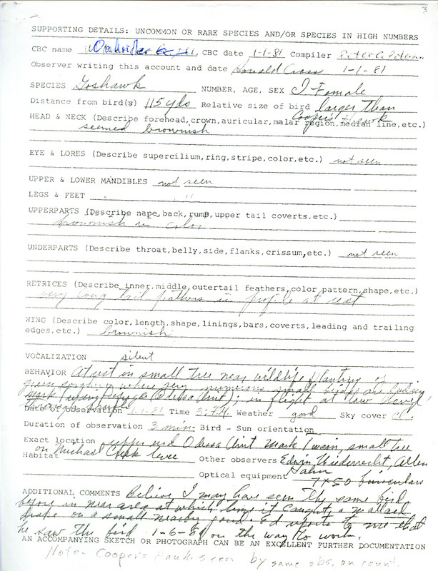 A form submitted by Donald Cross documenting the sighting of a Goshawk at the Michaels Creek levee in the Odessa Wildlife Unit on January 1, 1981. This item was used as supporting documentation for the Iowa Ornithologists Union Quarterly field report of winter 1980-1981.