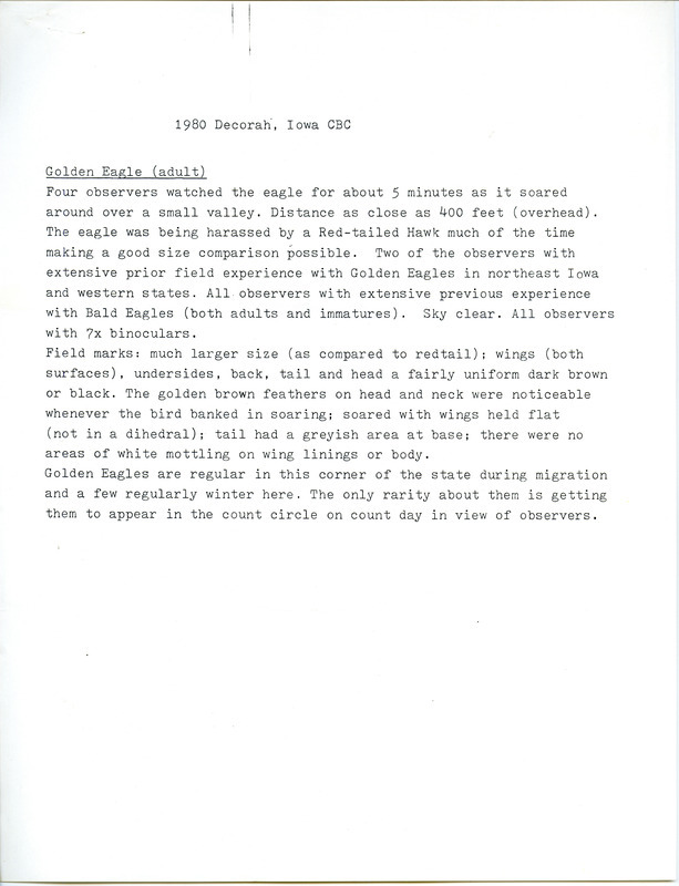 Results of the Decorah Christmas bird County describing a Golden Eagle sighting. This item was used as supporting documentation for the Iowa Ornithologists Union Quarterly field report of winter 1980-1981.