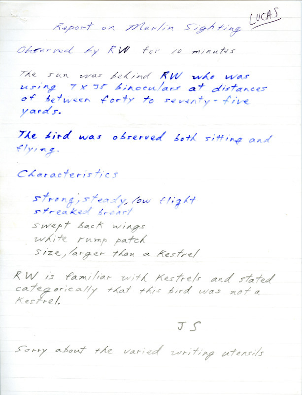 Details about a Merlin sighting by RW reported by Joe Schaufenbuel. This item was used as supporting documentation for the Iowa Ornithologists Union Quarterly field report of winter 1980-1981.