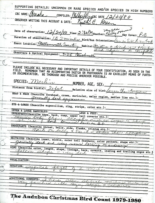 A form documenting the sighting of a Merlin at the Plattsmouth Cemetery submitted by Ruth Green. This item was used as supporting documentation for the Iowa Ornithologists Union Quarterly field report of winter 1980-1981.