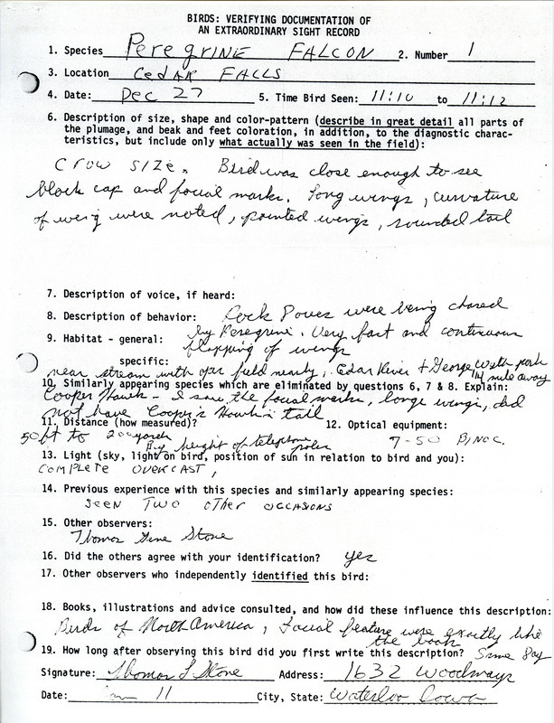 A form documenting the sighting of a Peregrine Falcon in Cedar Falls submitted by Thomas Stone. This item was used as supporting documentation for the Iowa Ornithologists Union Quarterly field report of winter 1980-1981.