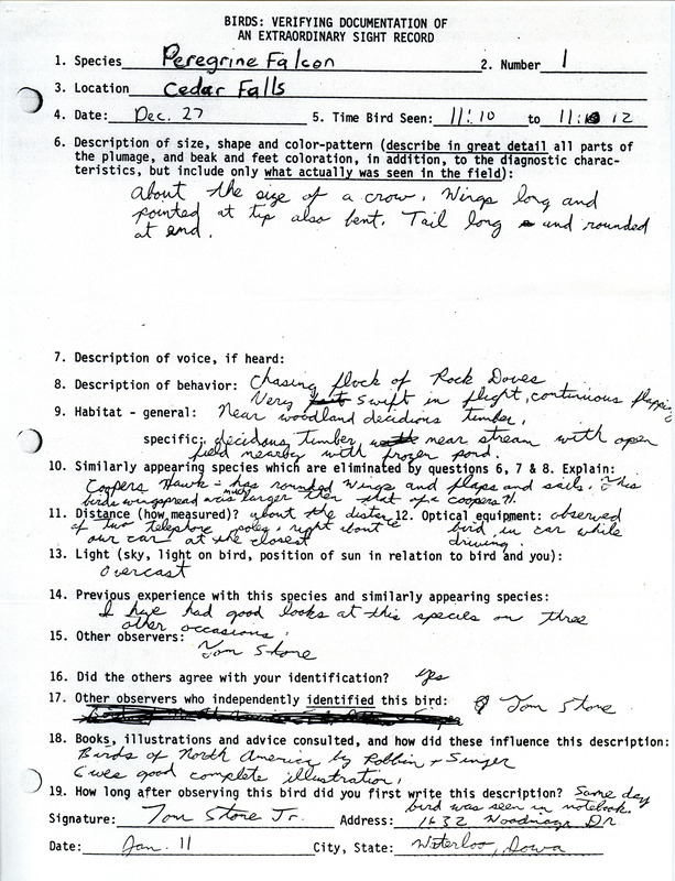 A form documenting the sighting of a Peregrine Falcon in Cedar Falls submitted by Tom Stone Jr. This item was used as supporting documentation for the Iowa Ornithologists Union Quarterly field report of winter 1980-1981.