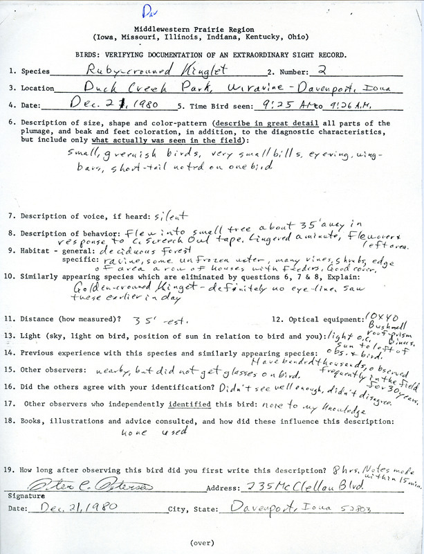 A form documenting the sighting of a Ruby-crowned Kinglet at Duck Creek Park, Davenport submitted by Peter Petersen. This item was used as supporting documentation for the Iowa Ornithologists Union Quarterly field report of winter 1980-1981.