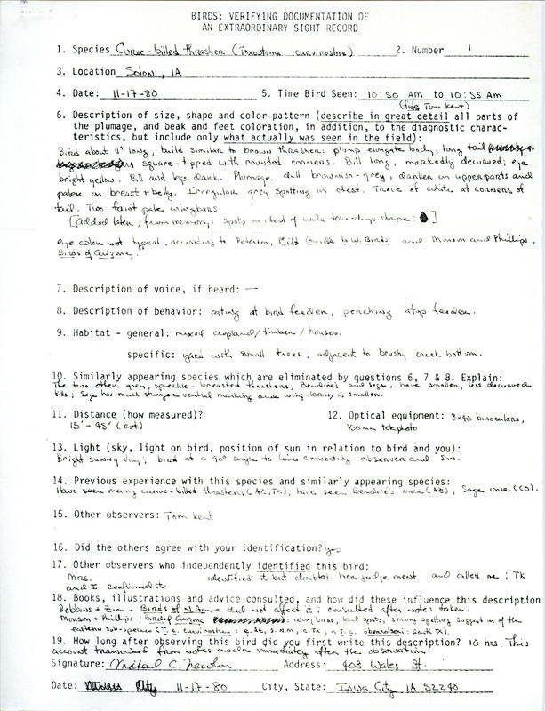 A form documenting the sighting of a Curve-billed Thrasher in Solon submitted by Michael Newlon. This item was used as supporting documentation for the Iowa Ornithologists Union Quarterly field report of winter 1980-1981.