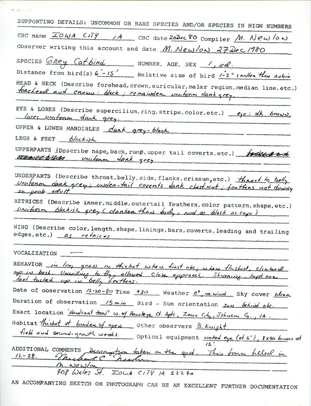 A form documenting the sighting of a Gray Catbird in Iowa City submitted by Michael Newlon. This item was used as supporting documentation for the Iowa Ornithologists Union Quarterly field report of winter 1980-1981.