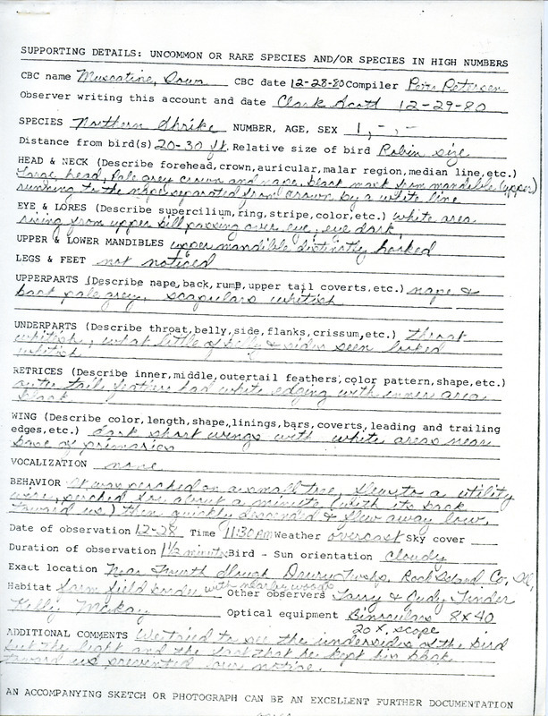 A form, including sketch, documenting the sighting of a Northern Shrike near Fourth Slough, Illinois submitted by Clark Scott. This item was used as supporting documentation for the Iowa Ornithologists' Union Quarterly field report of Winter 1980-1981.