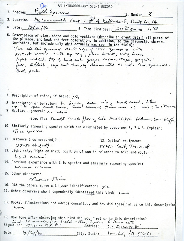 A form documenting the sighting of a Field Sparrow in McLamarrah Park submitted by Thomas Kent. This item was used as supporting documentation for the Iowa Ornithologists Union Quarterly field report of winter 1980-1981.