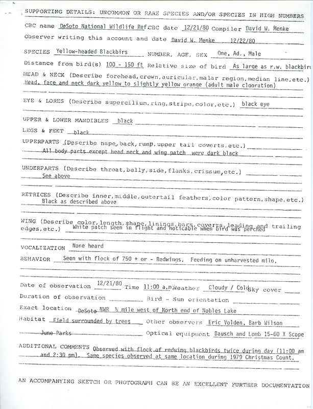 A form documenting the sighting of a Yellow-headed Blackbird at the North end of Nobles Lake submitted by David W. Menke. This item was used as supporting documentation for the Iowa Ornithologists Union Quarterly field report of winter 1980-1981.