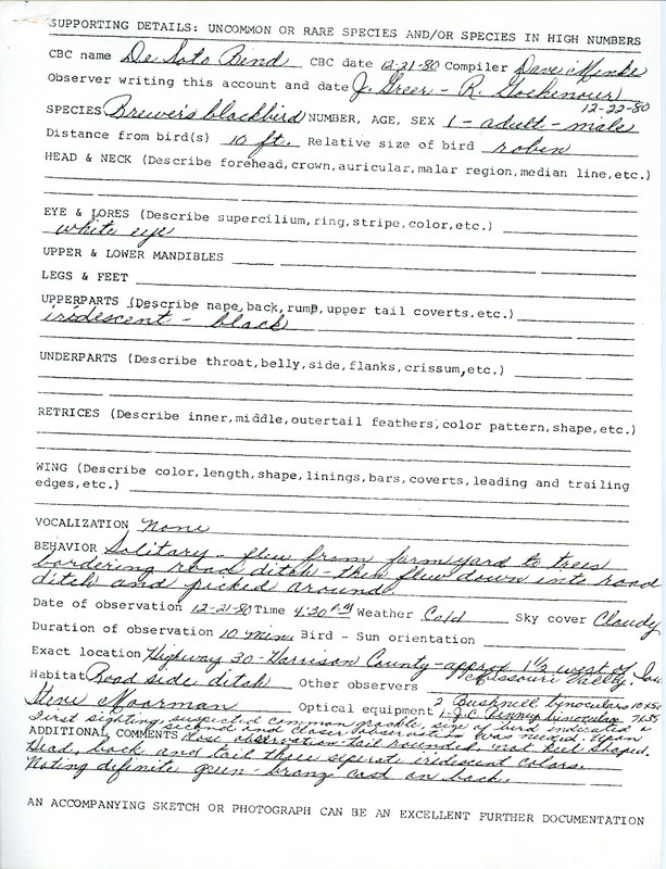 A form documenting the sighting of a Brewer's Blackbird from Highway 30 west of Missouri Valley submitted by Janet Greer. This item was used as supporting documentation for the Iowa Ornithologists Union Quarterly field report of winter 1980-1981.