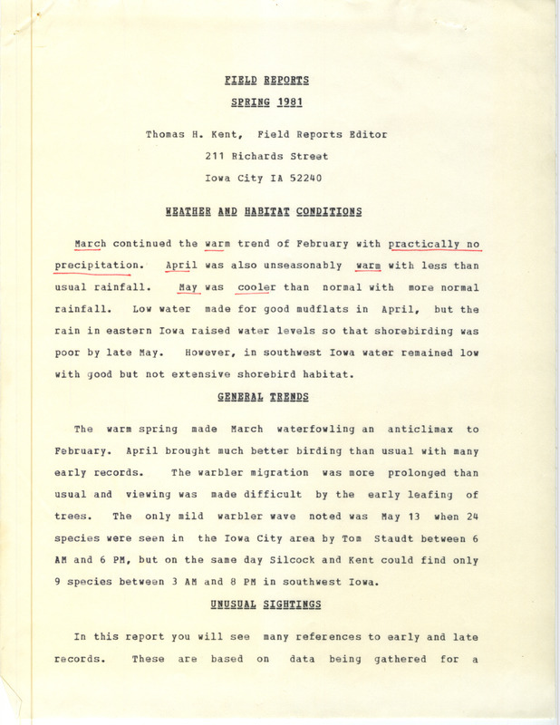 Quarterly field report for the spring of 1981 titled "Field reports spring, 1981." Thomas H. Kent, Field Reports Editor, notes that warmer than usual weather with less than usual rainfall has affected shorebird numbers. A Thayer's Gull sighting is a new bird for Iowa.