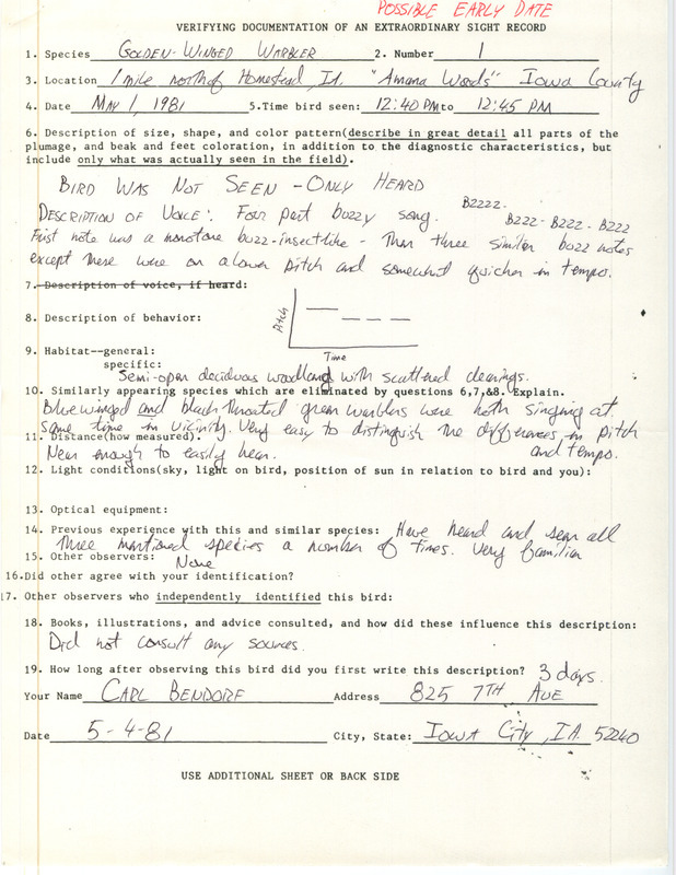 Documentation supporting hearing, but not seeing, a Golden-winged Warbler submitted by Carl Bendorf. This item was used as supporting documentation for the Iowa Ornithologists Union Quarterly field report of spring 1981.