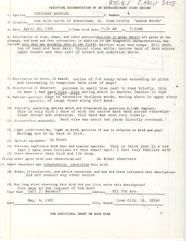 Documentation supporting the sighting of a Cerulean Warbler submitted by Carl Bendorf. This item was used as supporting documentation for the Iowa Ornithologists Union Quarterly field report of spring 1981.