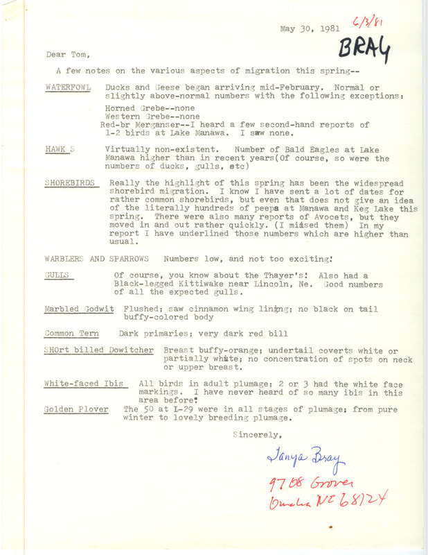 Tanya Bray letter contains an annotated list of birds sighted by herself and others, mostly around western Iowa. This item was used as supporting documentation for the Iowa Ornithologists Union Quarterly field report of spring 1981.