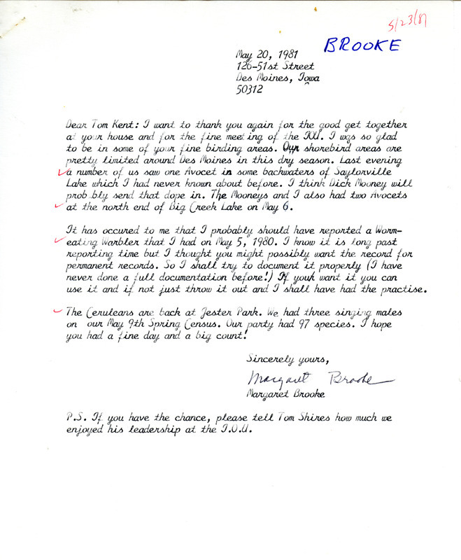 Margaret Brooke letter documents the sighting of a Worm-eating Warbler and mentions other bird sightings from the Des Moines area. This item was used as supporting documentation for the Iowa Ornithologists Union Quarterly field report of spring 1981.