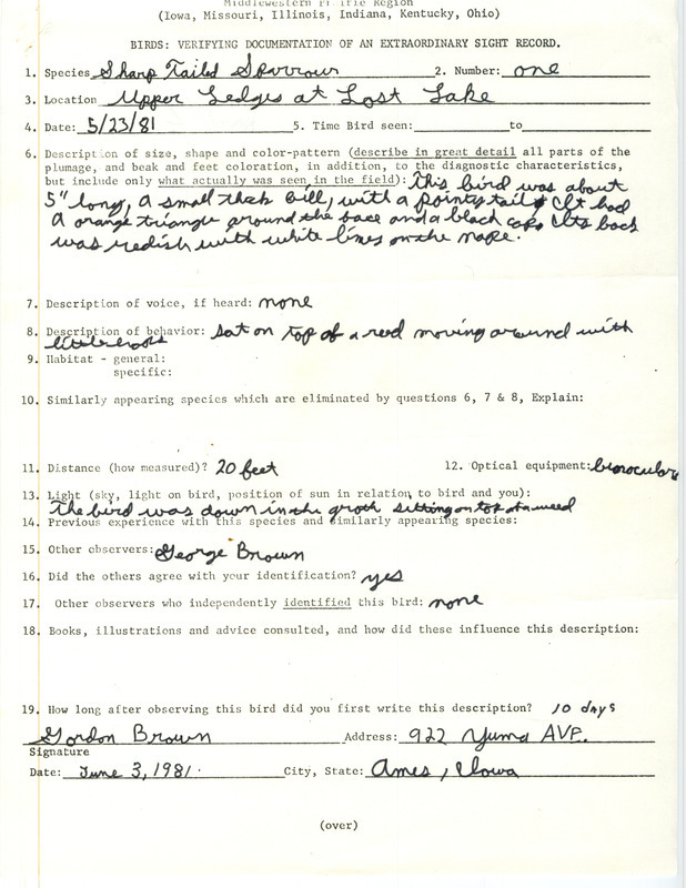 A form documenting the sighting of a Sharp Tailed Sparrow in Ledges State Park submitted by Gordon Brown. This item was used as supporting documentation for the Iowa Ornithologists Union Quarterly field report of spring 1981.