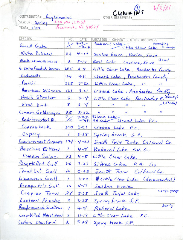 An annotated list of birds sighted by Raymond Cummins mostly in areas around north-western Iowa. This item was used as supporting documentation for the Iowa Ornithologists Union Quarterly field report of spring 1981.