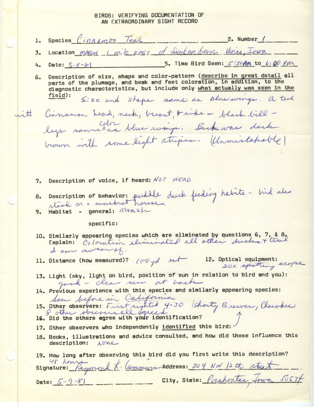 A form documenting the sighting of a Cinnamon Teal east of Sunken Grove submitted by Raymond Cummins. This item was used as supporting documentation for the Iowa Ornithologists Union Quarterly field report of spring 1981.