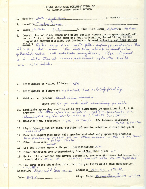 A form documenting the sighting of a White-eyed Vireo at Sunken Grove submitted by Raymond Cummins. This item was used as supporting documentation for the Iowa Ornithologists Union Quarterly field report of spring 1981.