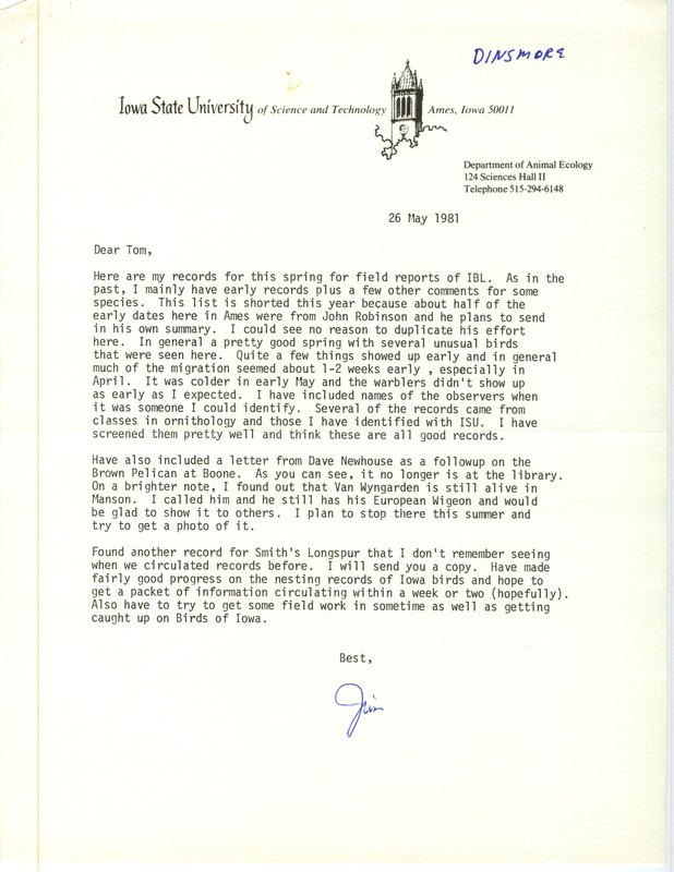 Included with the letter is a list of birds sighted by Jim Dinsmore and others in areas mainly around central Iowa. This item was used as supporting documentation for the Iowa Ornithologists Union Quarterly field report of spring 1981.