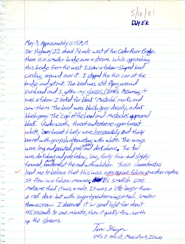 Tim Dwyer gives a detailed account of his sighting a Peregrine Falcon from Highway 22 west of the Cedar River. This item was used as supporting documentation for the Iowa Ornithologists Union Quarterly field report of spring 1981.