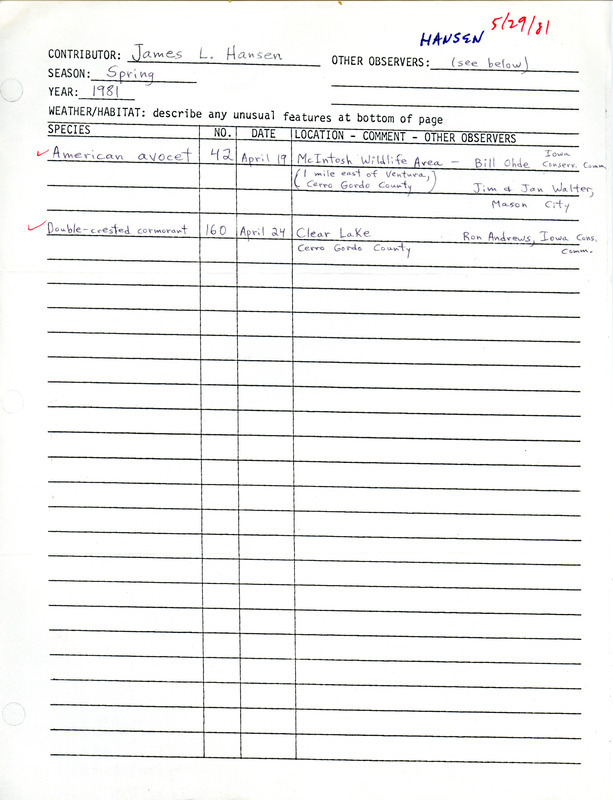 An annotated list of birds sighted by James Hansen. This item was used as supporting documentation for the Iowa Ornithologists Union Quarterly field report of spring 1981.