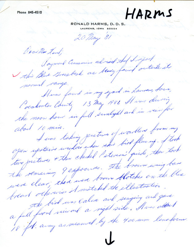 The letter contains a detailed account from Ronald Harms about his sighting and photographing a Blue Grosbeak on May 13, 1981. This item was used as supporting documentation for the Iowa Ornithologists Union Quarterly field report of spring 1981.