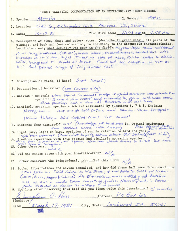 A form documenting the sighting of a Merlin at Ocheyedan Township submitted by Douglas Harr. This item was used as supporting documentation for the Iowa Ornithologists Union Quarterly field report of spring 1981.