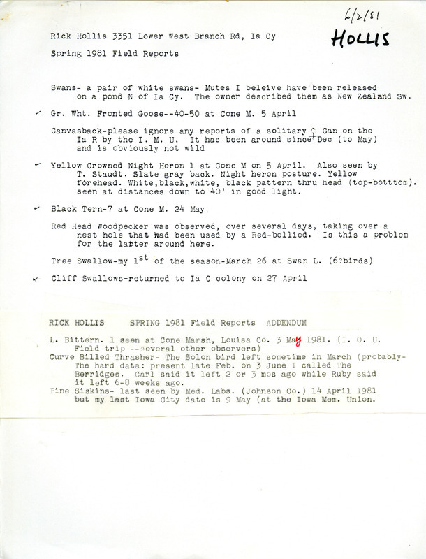 An annotated list of birds sighted by Rick Hollis. This item was used as supporting documentation for the Iowa Ornithologists Union Quarterly field report of spring 1981.