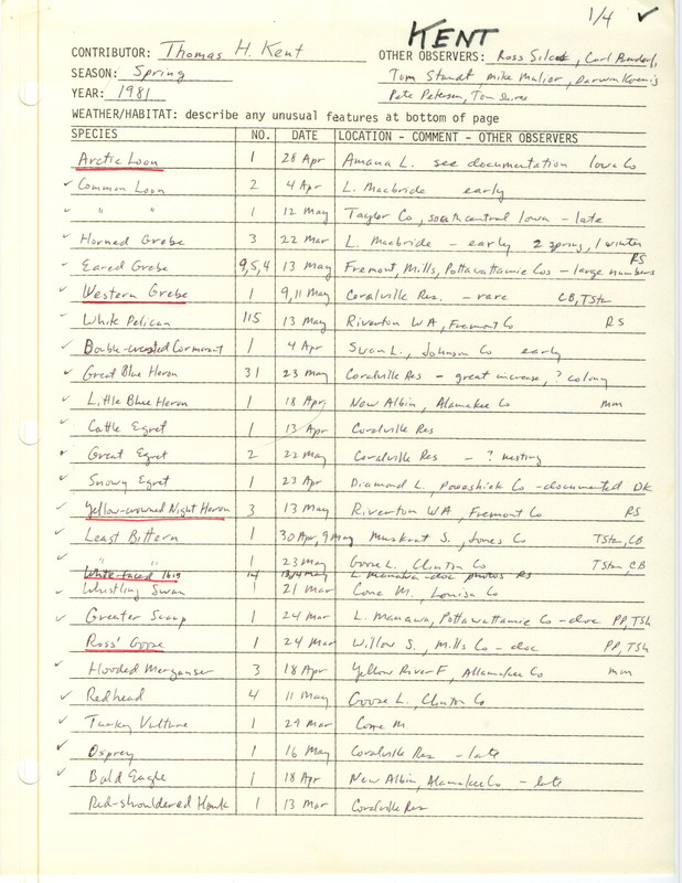 An annotated list of birds sighted by Thomas Kent and others. This item was used as supporting documentation for the Iowa Ornithologists Union Quarterly field report of spring 1981.