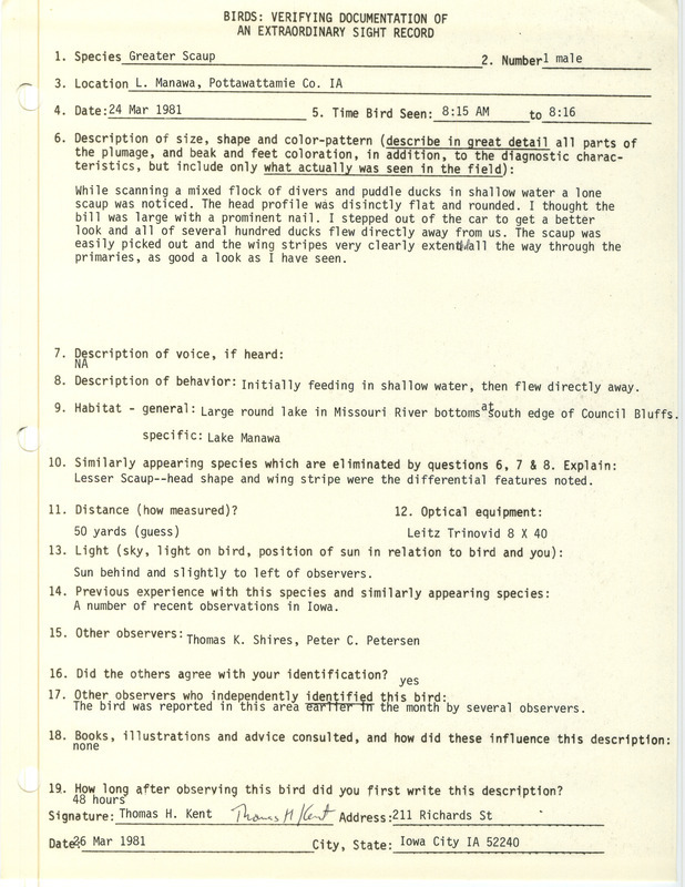 A form documenting the sighting of a Greater Scaup at Lake Manawa submitted by Thomas Kent. This item was used as supporting documentation for the Iowa Ornithologists Union Quarterly field report of spring 1981.