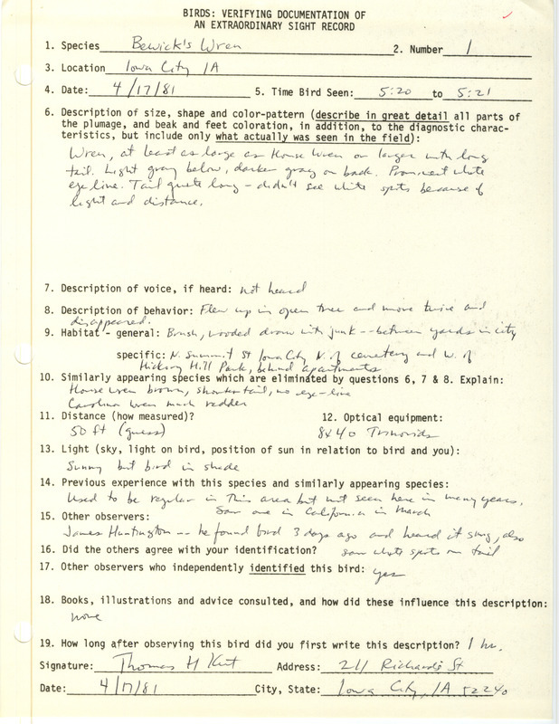 A form documenting the sighting of a Bewick's Wren in Iowa City submitted by Thomas Kent. This item was used as supporting documentation for the Iowa Ornithologists Union Quarterly field report of spring 1981.