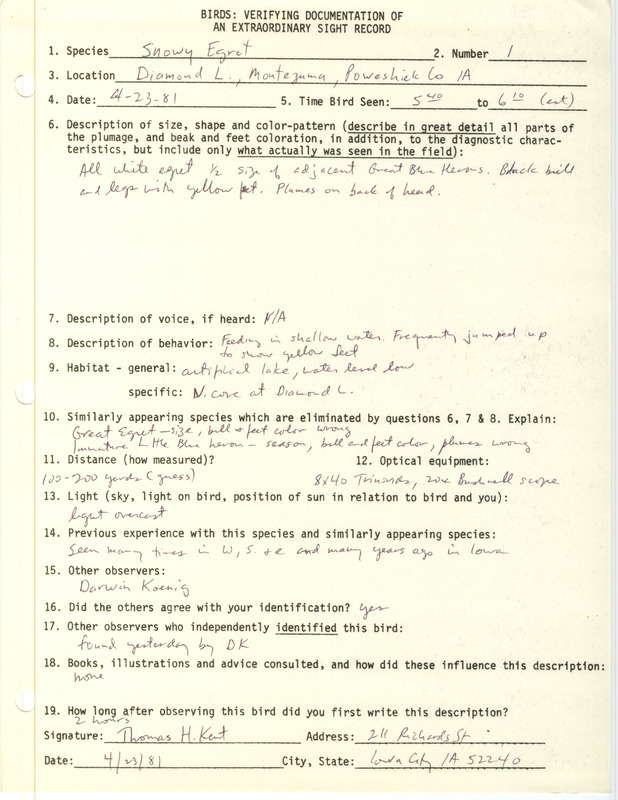 A form documenting the sighting of a Snowy Egret at Diamond Lake submitted by Thomas Kent. This item was used as supporting documentation for the Iowa Ornithologists Union Quarterly field report of spring 1981.