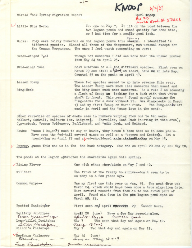 A list of birds sighted by Pearl Knoop including a hand-drawn map showing the area at Marble Rock where she goes birding. This item was used as supporting documentation for the Iowa Ornithologists Union Quarterly field report of spring 1981.