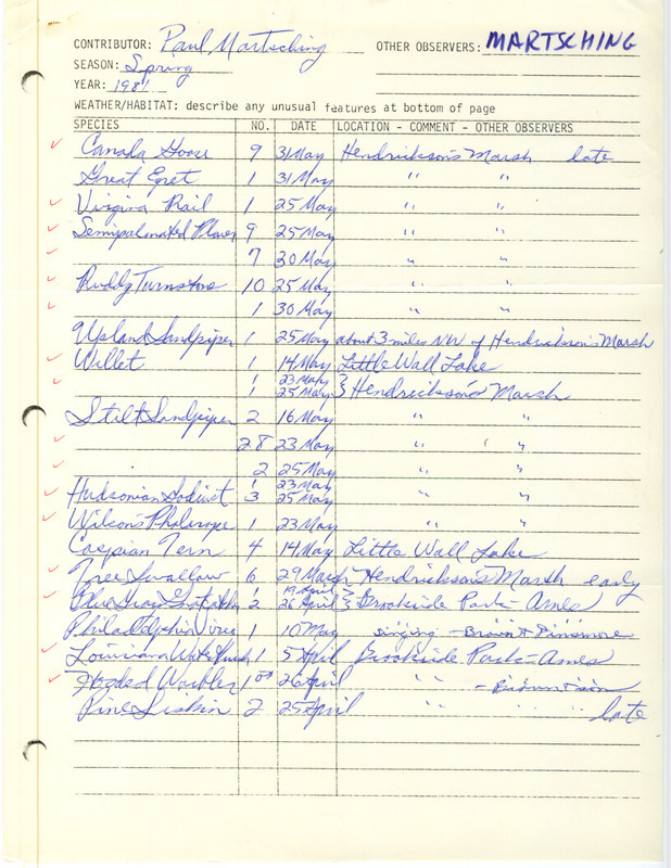 An annotated list of birds sighted by Paul Martsching. Includes a form documenting the sighting of a Hooded Warbler in Ames. This item was used as supporting documentation for the Iowa Ornithologists Union Quarterly field report of spring 1981.