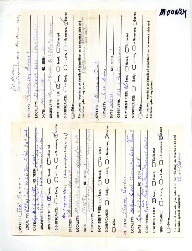 Five mini forms submitted by R.D. Mooney reporting bird sightings in central Iowa. This item was used as supporting documentation for the Iowa Ornithologists Union Quarterly field report of spring 1981.