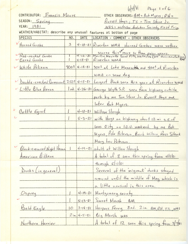 An annotated list of birds sighted by Francis Moore and others. Includes forms documenting the sighting of a Marbled Godwit at Big March, a Bewick's Wren at Hickory Hill Park, and a Henslow's Sparrow at Hayden Prairie. This item was used as supporting documentation for the Iowa Ornithologists Union Quarterly field report of spring 1981.